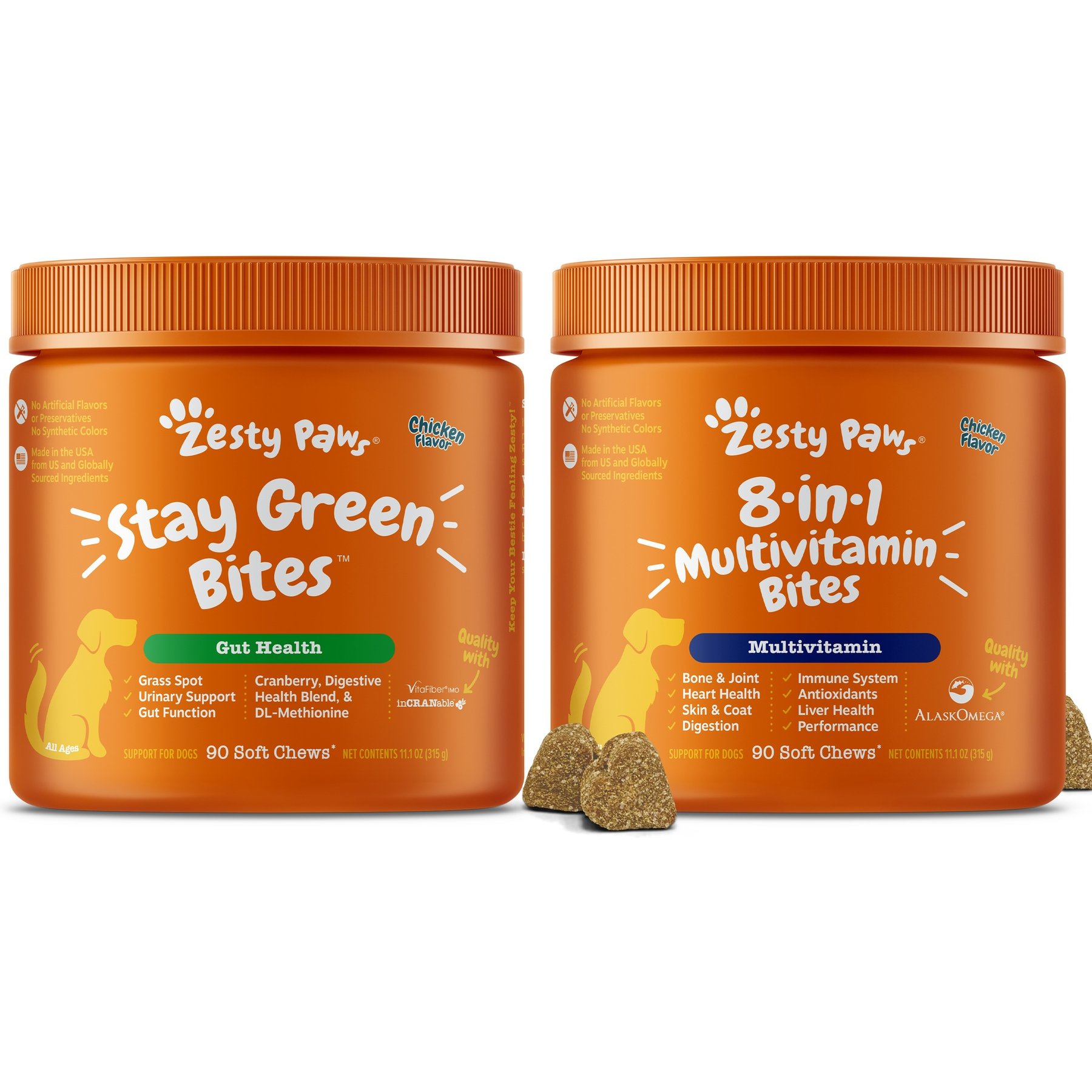 Zesty Paws Grass Defense Stay Green Bites Digestive & Immune Health + 8-in-1 Multivitamin Bites Chicken Flavor Dog Supplement