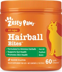 Zesty Paws Hairball Bites Bacon Flavored Soft Chews Digestive Supplement for Cats, 60 count