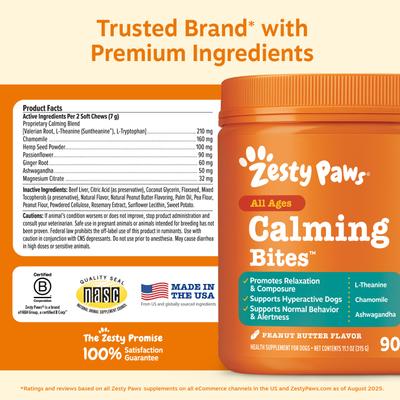 Show full view: Zesty Paws Calming Bites Peanut Butter Flavored Soft Chews Composure & Relaxation Supplement for Dogs, 90 count slide 9 of 11