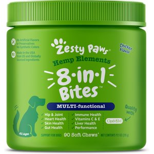 Zesty Paws Hemp Elements 8-in-1 Bites Chicken Flavored Soft Chews Multivitamin for Dogs, 90 count