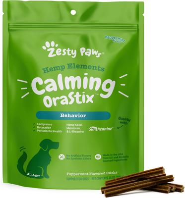 Show full view: Zesty Paws Hemp Elements Calming Hemp OraStix Peppermint Flavored Dental Chews Melatonin Supplement for Dogs, 25-oz bag slide 1 of 9