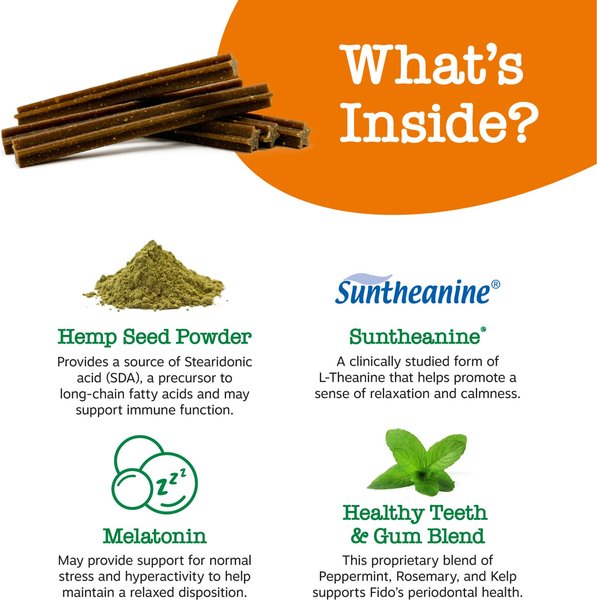 Show full view: Zesty Paws Hemp Elements Calming Hemp OraStix Peppermint Flavored Dental Chews Melatonin Supplement for Dogs, 25-oz bag slide 2 of 8