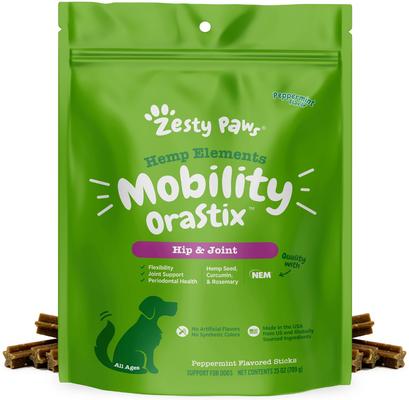 Show full view: Zesty Paws Hemp Elements Calming Peppermint Flavored Dental Chews Calming Supplement + Mobility OraStix Mint Flavored Dental Chews for Dogs slide 2 of 9