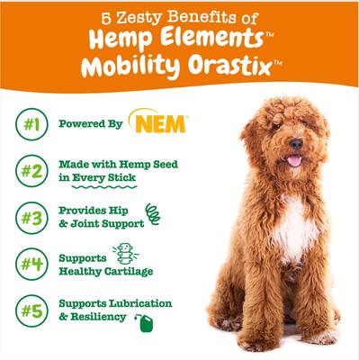 Show full view: Zesty Paws Hemp Elements Calming Peppermint Flavored Dental Chews Calming Supplement + Mobility OraStix Mint Flavored Dental Chews for Dogs slide 5 of 9