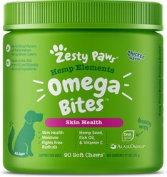Zesty Paws Hemp Elements Omega Bites Chicken Flavored Soft Chews Skin & Coat Supplement for Dogs, 90 count