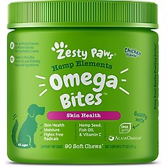 Zesty Paws Hemp Elements Omega Bites Chicken Flavored Soft Chews Skin & Coat Supplement for Dogs, 90 count