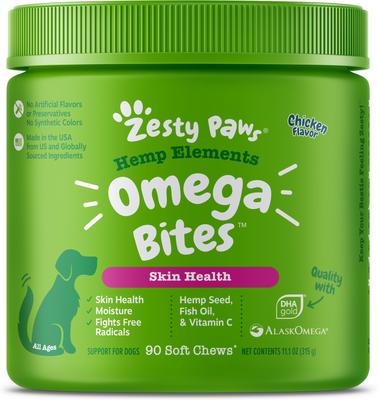 Show full view: Zesty Paws Hemp Elements Omega Bites Chicken Flavored Soft Chews Skin & Coat Supplement for Dogs, 90 count slide 1 of 9