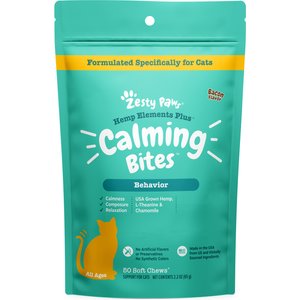 Zesty Paws Hemp Elements Plus Calming Bites Bacon Flavored Soft Chews Broad Spectrum Hemp Extract Calming Health Supplement for Cats, 50 count