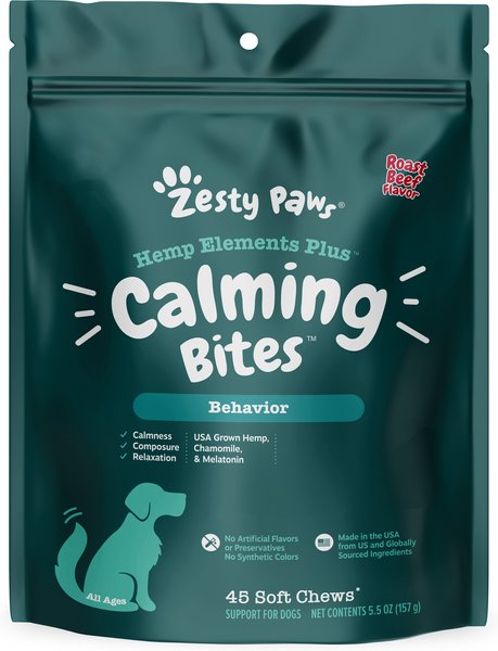 Show full view: Zesty Paws Hemp Elements Plus Calming Bites Roast Beef Flavored Soft Chews Broad Spectrum Hemp Extract Calming Health Supplement for Dogs, 45 count slide 1 of 6