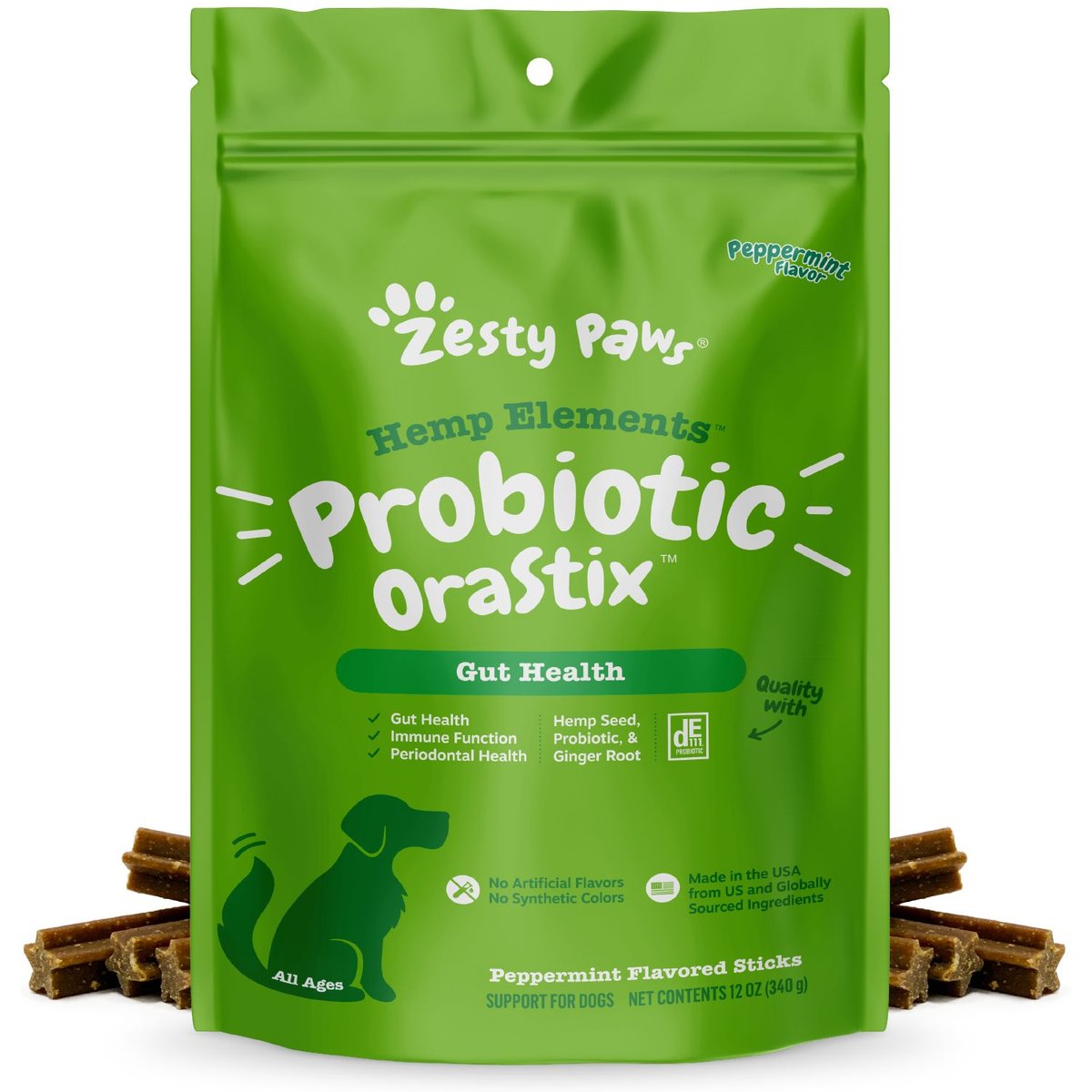 Zesty Paws Hemp Elements Probiotic OraStix Peppermint Flavored Dog Dental Chews, 12-oz bag
