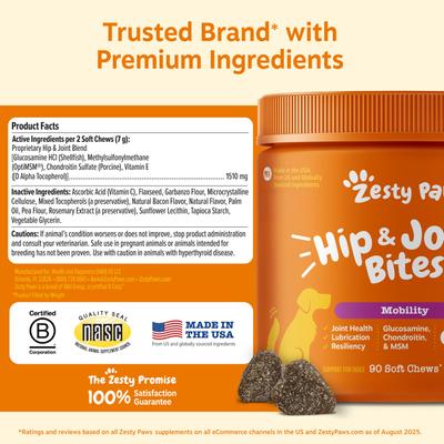 Show full view: Zesty Paws Hip & Joint Bites Bacon Flavored Soft Chews Glucosamine Mobility Supplement for Dogs, 90 count slide 10 of 12