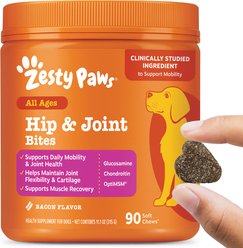 Zesty Paws Hip & Joint Bites Bacon Flavored Soft Chews Glucosamine Mobility Supplement for Dogs, 90 count