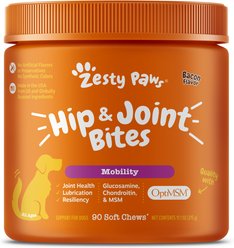 Zesty Paws Hip & Joint Bites Bacon Flavored Soft Chews Glucosamine Mobility Supplement for Dogs, 90 count