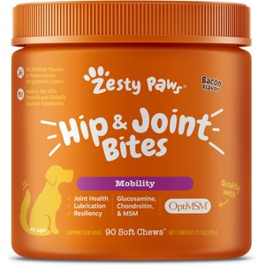 Zesty Paws Hip & Joint Bites Bacon Flavored Soft Chews Glucosamine Mobility Supplement for Dogs, 90 count