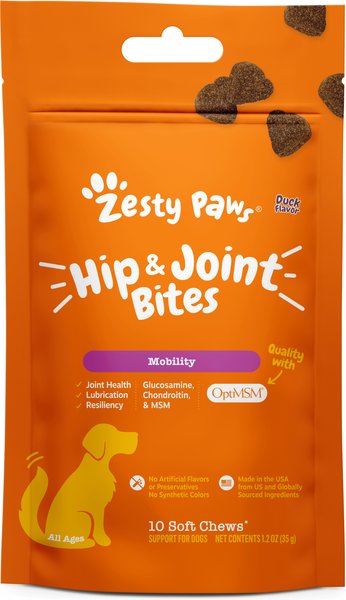 Show full view: Zesty Paws Hip & Joint Mobility Bites Duck Flavored Soft Chews Glucosamine Supplement for Dogs, 10 count slide 1 of 12