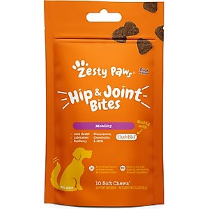 Zesty Paws Hip & Joint Mobility Bites Duck Flavored Soft Chews Glucosamine Supplement for Dogs, 10 count
