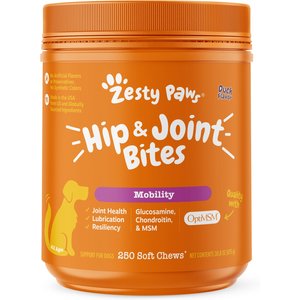 Zesty Paws Hip & Joint Mobility Bites Duck Flavored Soft Chews Glucosamine Supplement for Dogs, 250 count