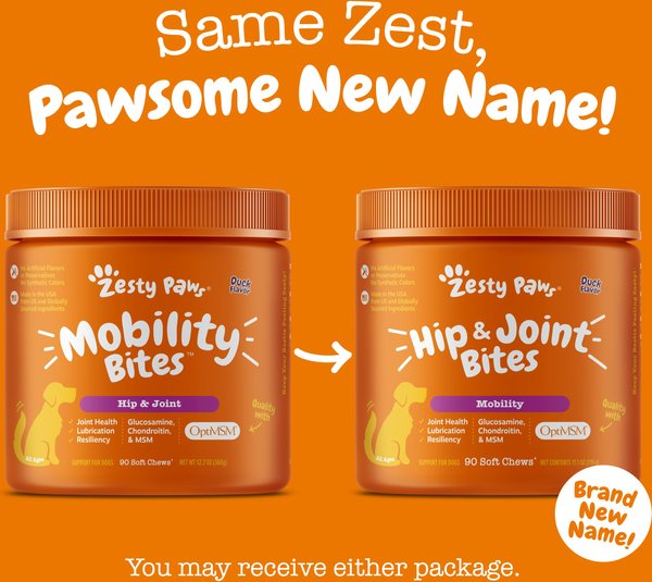 Show full view: Zesty Paws Hip & Joint Mobility Bites Duck Flavored Soft Chews Glucosamine Supplement for Dogs, 90 count slide 3 of 11