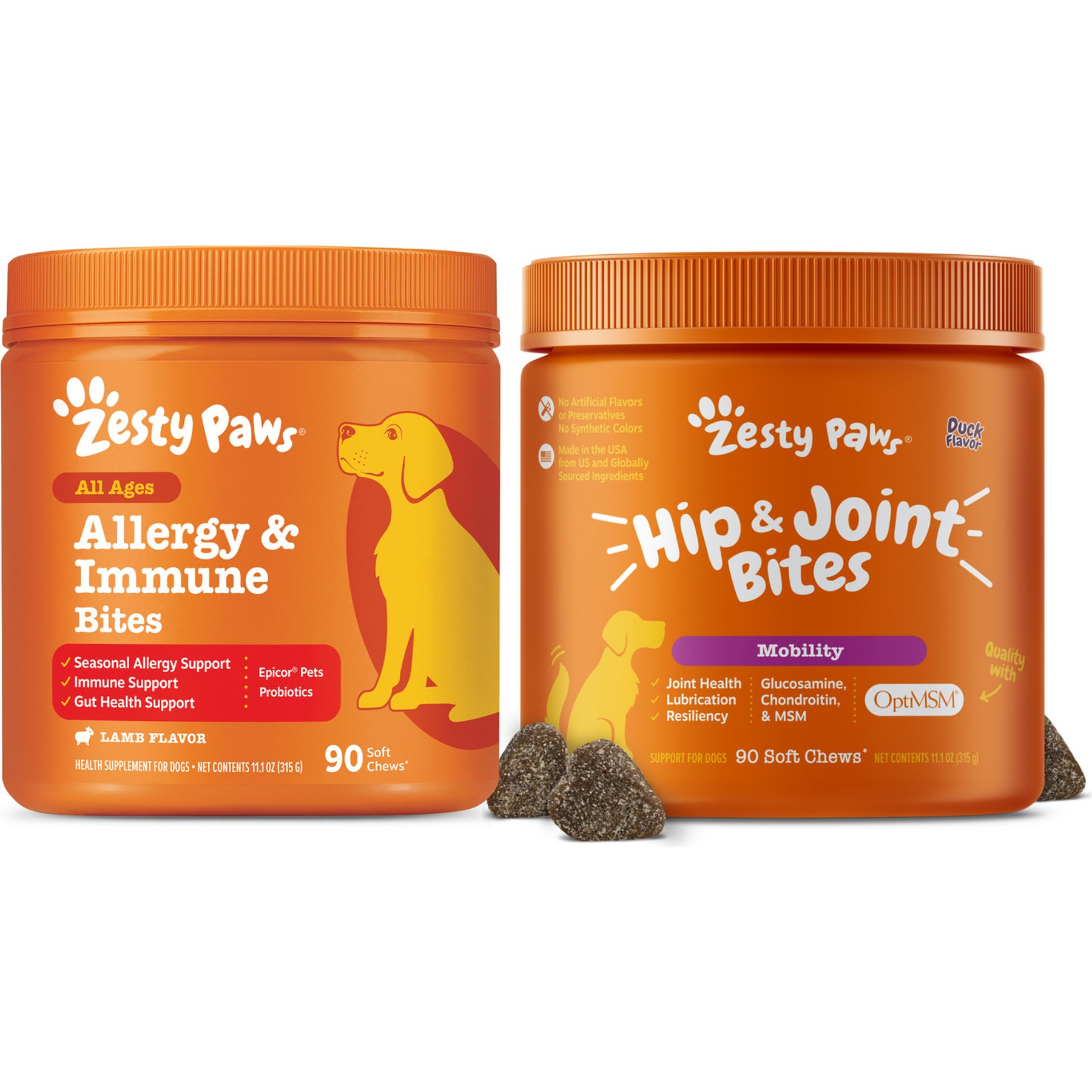 Zesty Paws Mobility Bites Hip & Joint Support + Aller-Immune Bites Lamb Flavor Immune System Soft Chews Dog Supplement