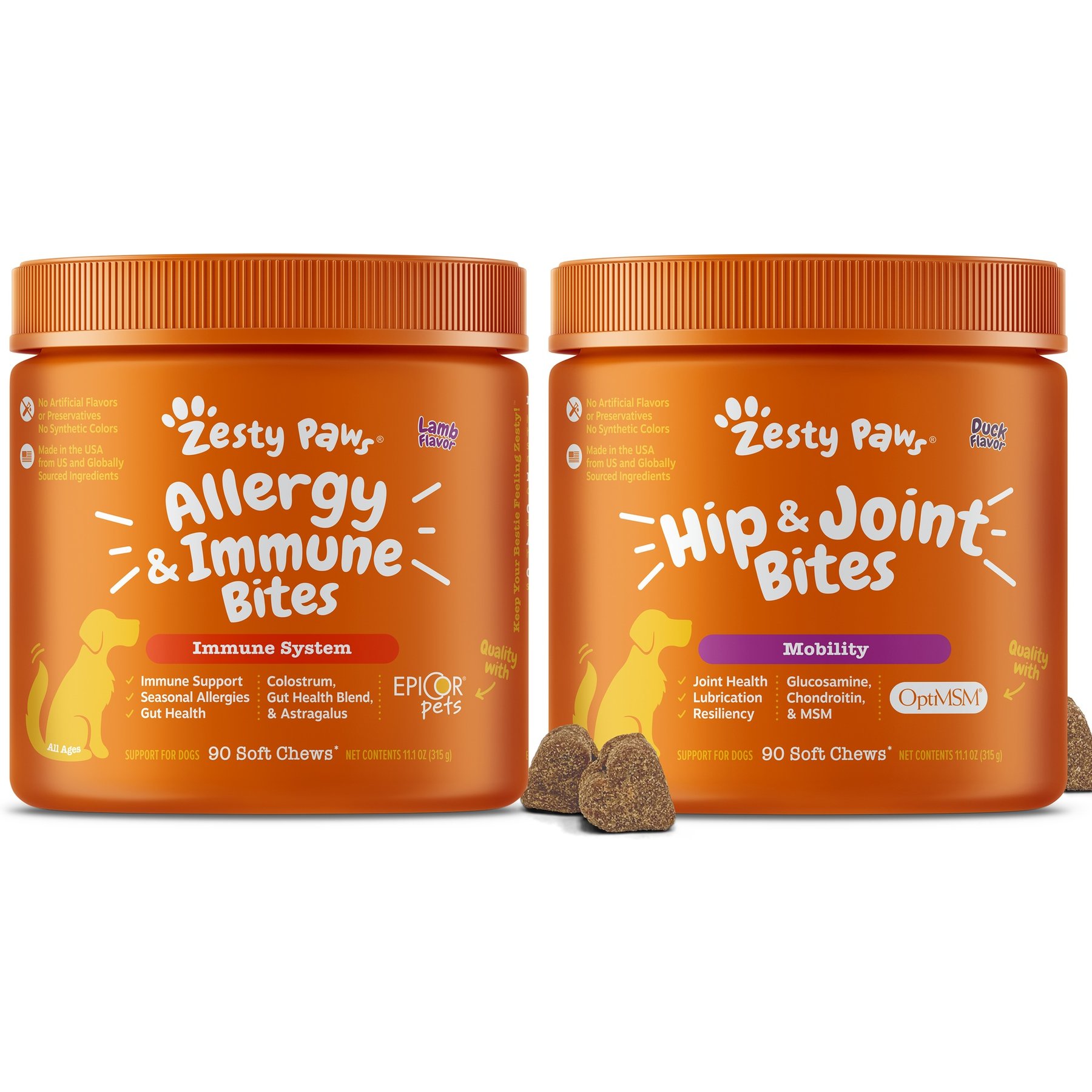 Zesty Paws Mobility Bites Hip & Joint Support + Aller-Immune Bites Lamb Flavor Immune System Soft Chews Dog Supplement
