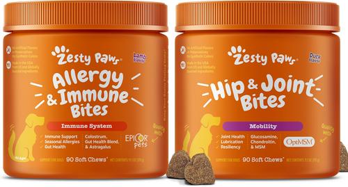 Show full view: Zesty Paws Mobility Bites Hip & Joint Support + Aller-Immune Bites Lamb Flavor Immune System Soft Chews Dog Supplement slide 1 of 9