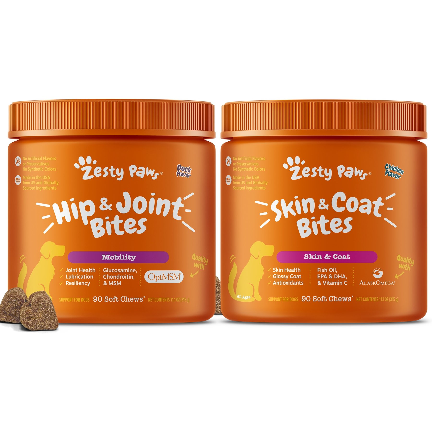 Zesty Paws Mobility Bites Hip & Joint Support + Omega Bites Skin & Coat Support Chicken Flavor Soft Chews Dog Supplement