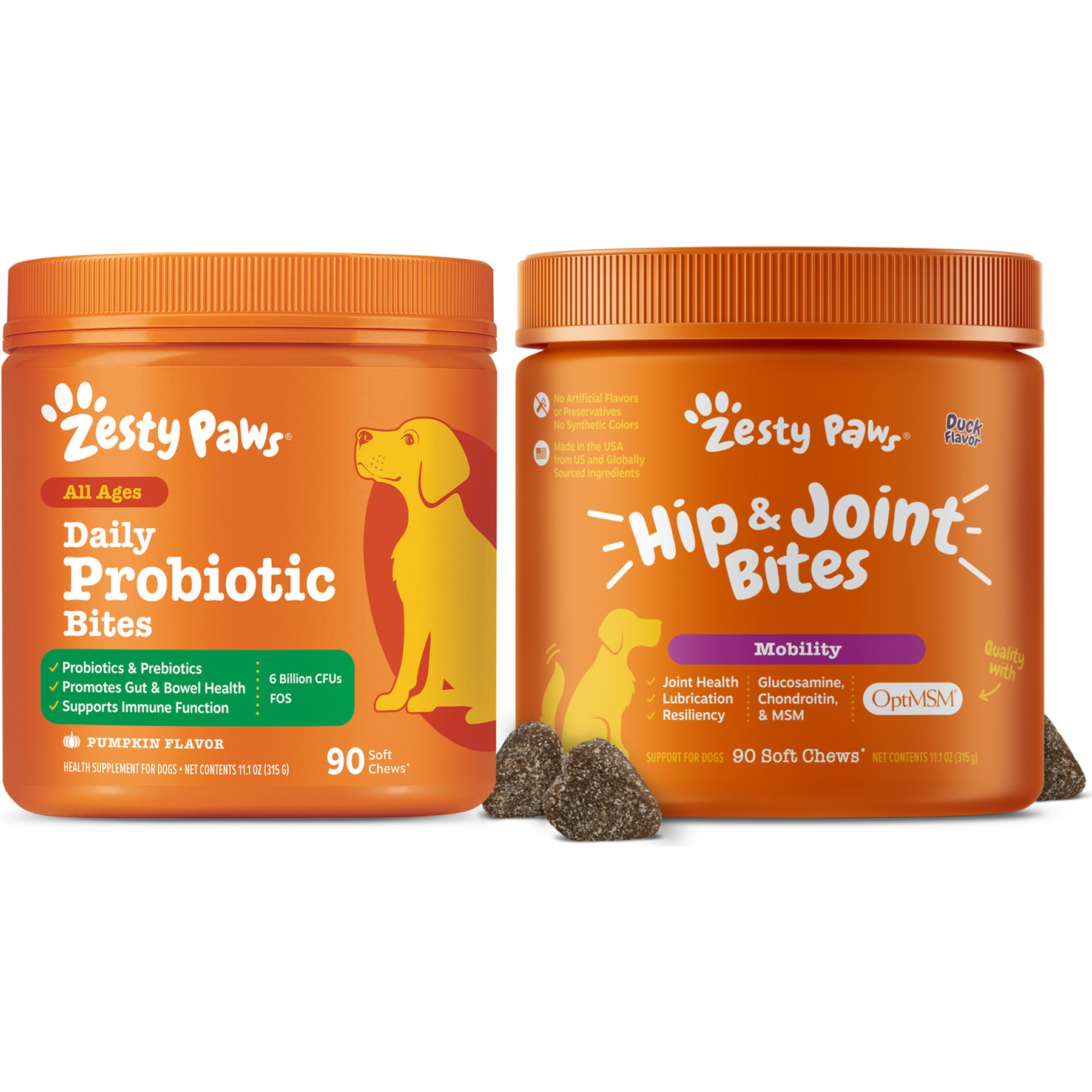 Zesty Paws Mobility Bites Hip & Joint Support + Probiotic Bites Digestion Pumpkin Flavor Soft Chews Dog Supplement