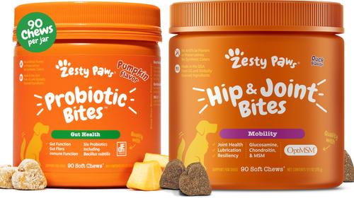 Show full view: Zesty Paws Mobility Bites Hip & Joint Support + Probiotic Bites Digestion Pumpkin Flavor Soft Chews Dog Supplement slide 1 of 9