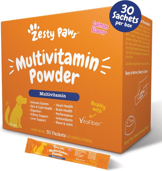 Show full view: Zesty Paws Multivitamin Powder Salmon Flavored Digestion, Mobility & Immune Supplement for Dogs, 30 count slide 1 of 10