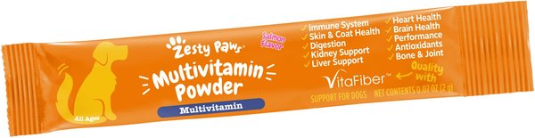 Show full view: Zesty Paws Multivitamin Powder Salmon Flavored Digestion, Mobility & Immune Supplement for Dogs, 30 count slide 6 of 10