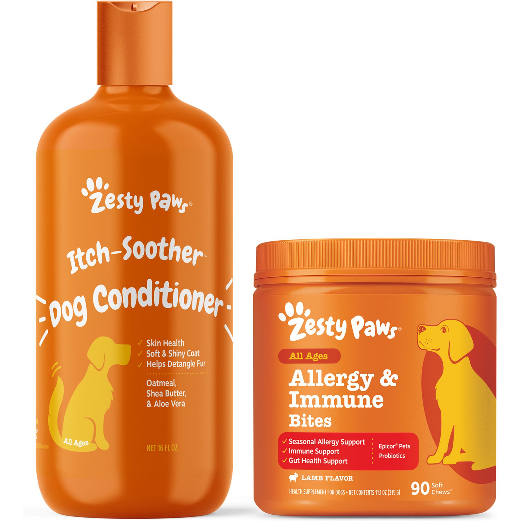 Zesty Paws Oatmeal Anti-Itch Conditioner with Aloe Vera & Organic Shea Butter for Dogs, 16-oz bottle & Zesty Paws Aller-Immune Bites Lamb Flavor Immune System Soft Chews Dog Supplement