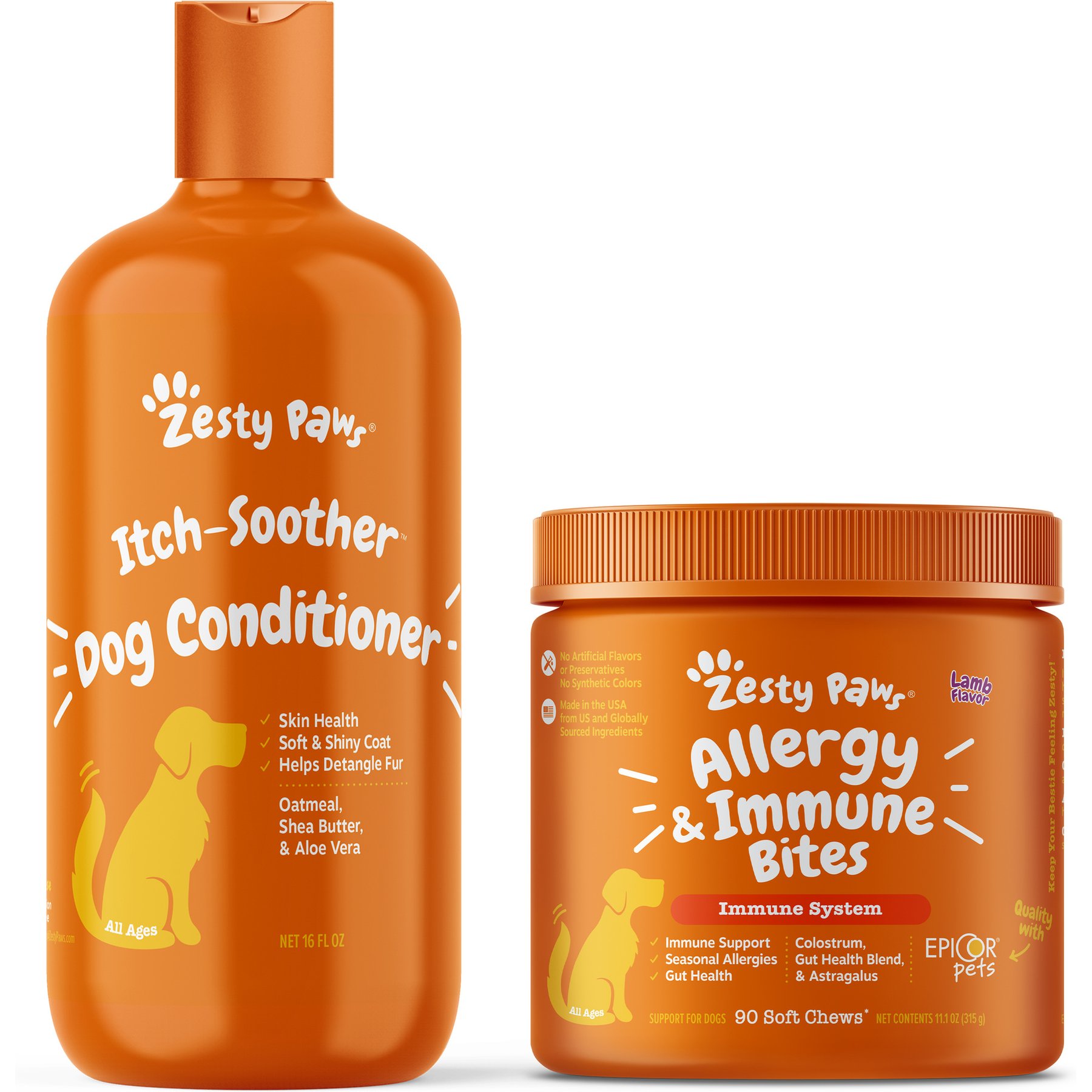 Zesty Paws Oatmeal Anti-Itch Conditioner with Aloe Vera & Organic Shea Butter for Dogs, 16-oz bottle & Zesty Paws Aller-Immune Bites Lamb Flavor Immune System Soft Chews Dog Supplement