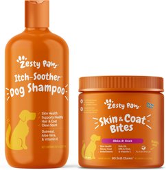 Zesty Paws Oatmeal Anti-Itch Dog Shampoo with Aloe Vera & Vitamin E, 16-oz bottle + Zesty Paws Core Elements Omega Bites Skin & Coat Health Chicken Flavor Soft Chew Dog Supplement, 90 count