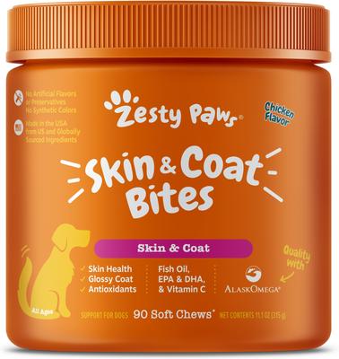 Show full view: Zesty Paws Oatmeal Anti-Itch Dog Shampoo with Aloe Vera & Vitamin E, 16-oz bottle + Zesty Paws Core Elements Omega Bites Skin & Coat Health Chicken Flavor Soft Chew Dog Supplement, 90 count slide 2 of 9