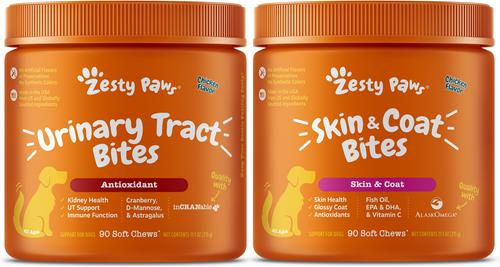 Show full view: Zesty Paws Omega Bites Skin & Coat Health Chicken Flavor Soft Chew Supplement + Cranberry Bladder Bites Urinary Tract Support Chicken Flavor Chews for Dogs slide 1 of 10