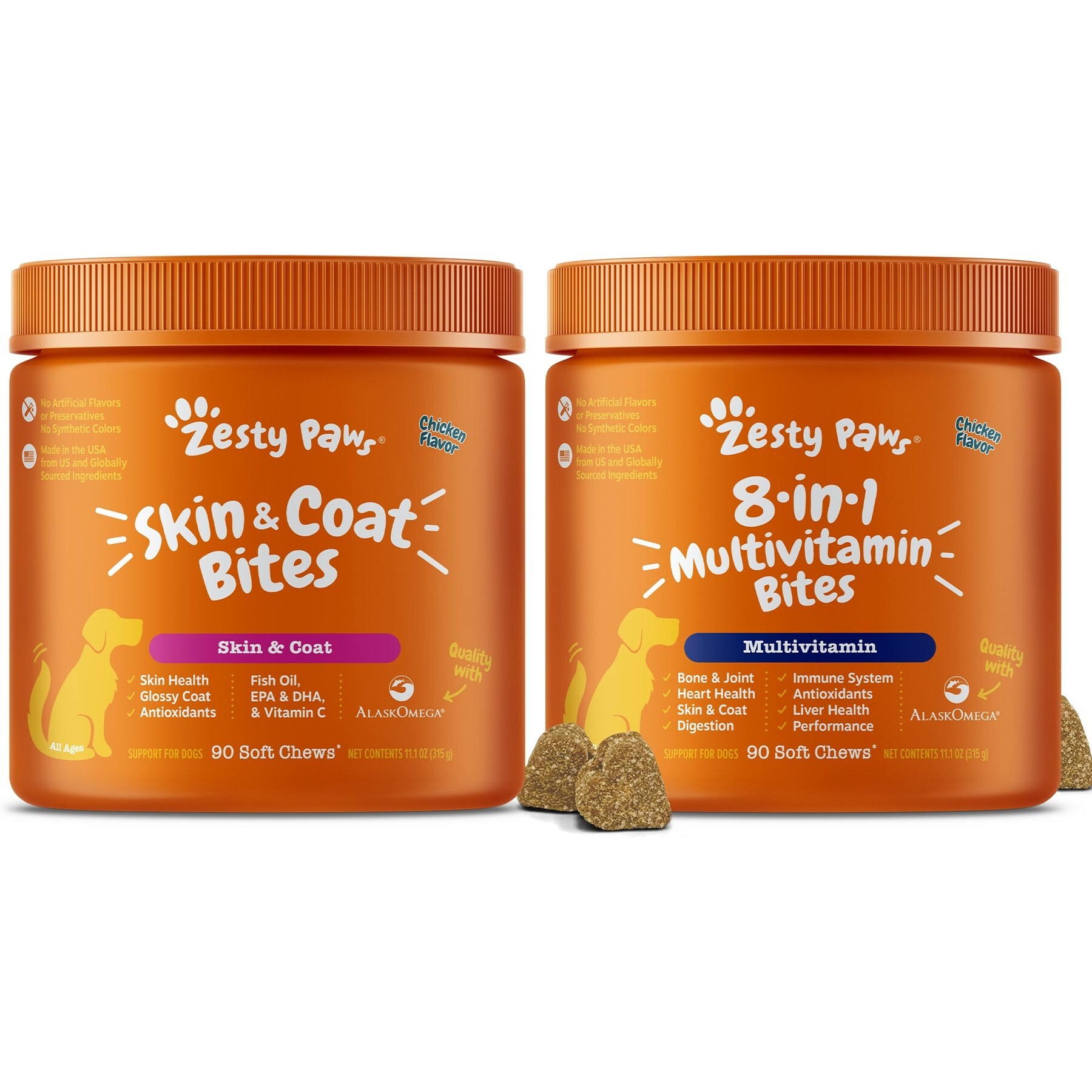 Zesty Paws Omega Bites Skin & Coat Support + 8-in-1 Multivitamin Bites Chicken Flavor Dog Supplement