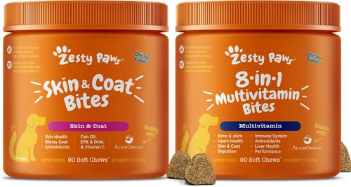 Show full view: Zesty Paws Omega Bites Skin & Coat Support + 8-in-1 Multivitamin Bites Chicken Flavor Dog Supplement slide 1 of 9