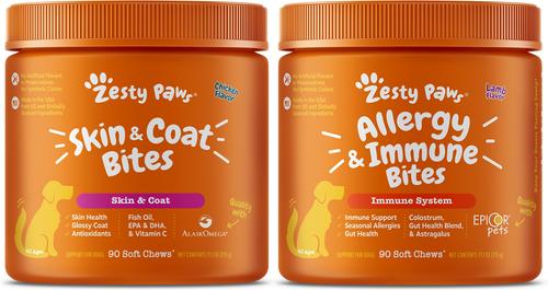 Show full view: Zesty Paws Omega Bites Skin & Coat Support + Aller-Immune Bites Lamb Flavor Immune System Soft Chews Dog Supplement slide 1 of 9