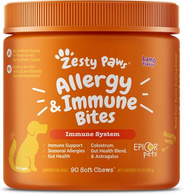Show full view: Zesty Paws Omega Bites Skin & Coat Support + Aller-Immune Bites Lamb Flavor Immune System Soft Chews Dog Supplement slide 6 of 9