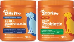 Zesty Paws Probiotic Bites Digestion + 11-in-1 Bites Multifunctional MSM & Curcumin + Cranberry & Lutein Senior Chicken Flavor Dog Supplement