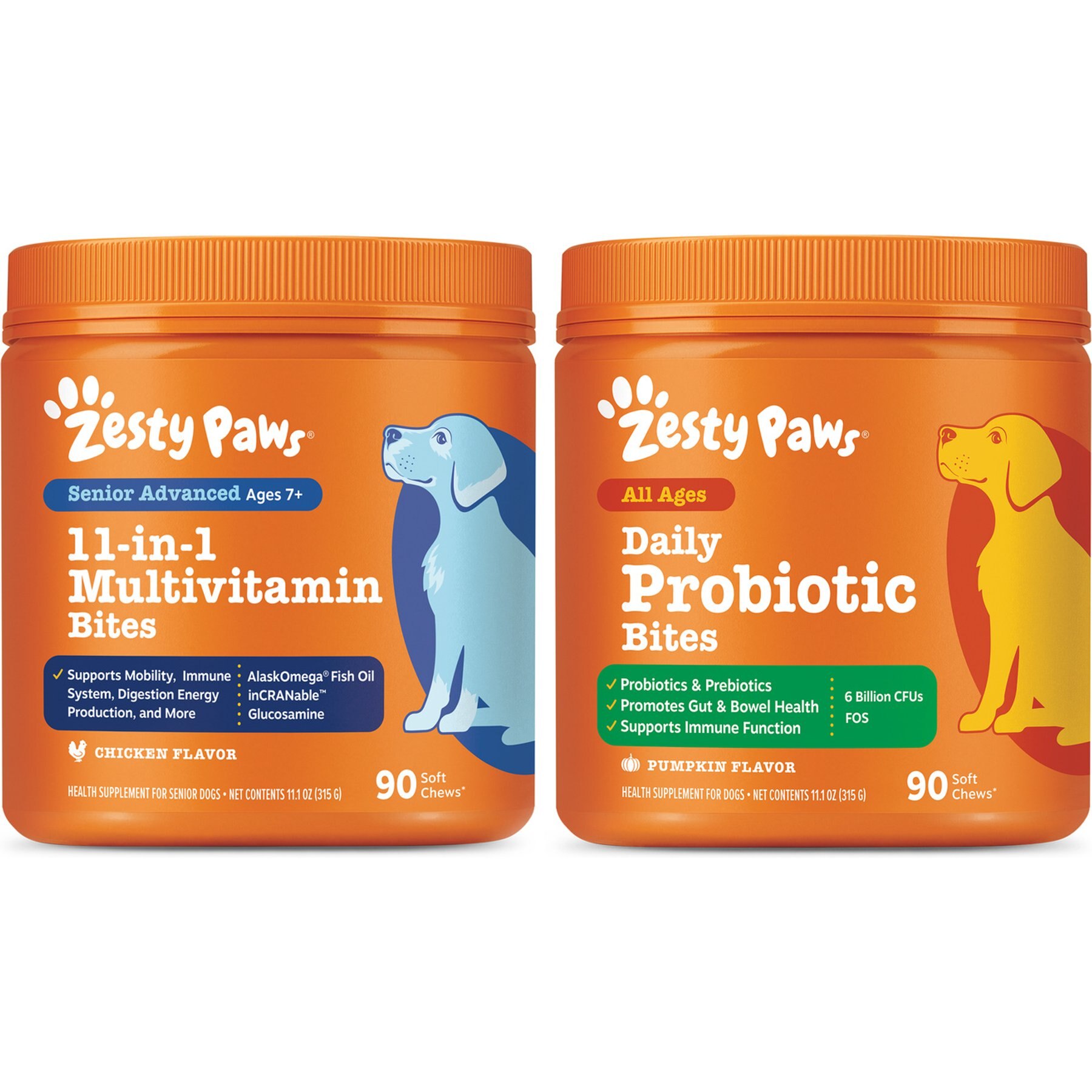 Zesty Paws Probiotic Bites Digestion + 11-in-1 Bites Multifunctional MSM & Curcumin + Cranberry & Lutein Senior Chicken Flavor Dog Supplement
