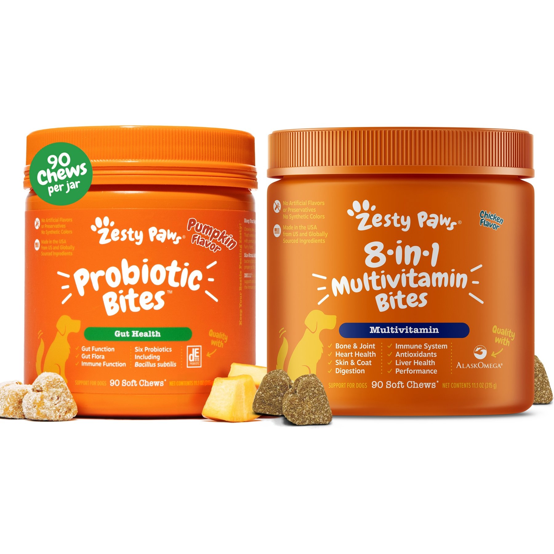 Zesty Paws Probiotic Bites Digestion + 8-in-1 Multivitamin Bites Chicken Flavor Dog Supplement