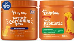 Zesty Paws Probiotic Bites Digestion Pumpkin Flavor Soft Chews Dog Supplement, 90 count + Zesty Paws Curcumin Bites Everyday Vitality Duck Flavor Dog Supplement, 90 count