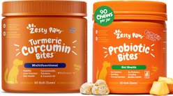 Zesty Paws Probiotic Bites Digestion Pumpkin Flavor Soft Chews Dog Supplement, 90 count + Zesty Paws Curcumin Bites Everyday Vitality Duck Flavor Dog Supplement, 90 count