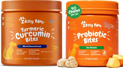 Show full view: Zesty Paws Probiotic Bites Digestion Pumpkin Flavor Soft Chews Dog Supplement, 90 count + Zesty Paws Curcumin Bites Everyday Vitality Duck Flavor Dog Supplement, 90 count slide 1 of 9