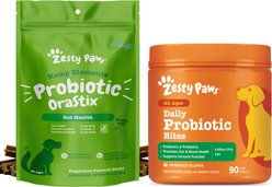 Zesty Paws Probiotic Bites Digestion Pumpkin Flavor Soft Chews Dog Supplement, 90 count + Zesty Paws Hemp Elements Probiotic Orastix Dog Supplement, 12 count