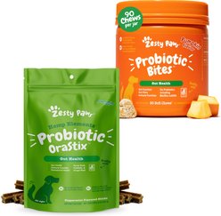 Zesty Paws Probiotic Bites Digestion Pumpkin Flavor Soft Chews Dog Supplement, 90 count + Zesty Paws Hemp Elements Probiotic Orastix Dog Supplement, 12 count
