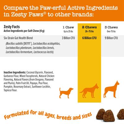 Show full view: Zesty Paws Probiotic Bites Digestion Pumpkin Flavor Soft Chews Dog Supplement, 90 count + Zesty Paws Hemp Elements Probiotic Orastix Dog Supplement, 12 count slide 3 of 9