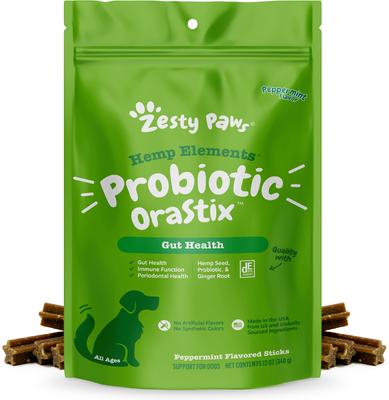 Show full view: Zesty Paws Probiotic Bites Digestion Pumpkin Flavor Soft Chews Dog Supplement, 90 count + Zesty Paws Hemp Elements Probiotic Orastix Dog Supplement, 12 count slide 6 of 9