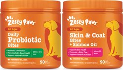 Zesty Paws Probiotic Bites Digestion Pumpkin Flavor Soft Chews Supplement + Salmon Bites Skin & Coat Dog Supplement